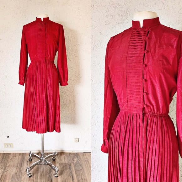 Vintage Dresses & Skirts - Red Pleated Military Inspired Dress | Vintage
